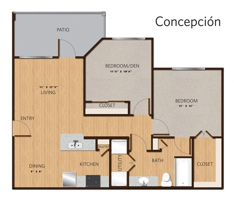 Floor plan for 2 beds, 1 bath, 919 sqft